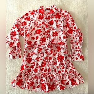 Zara red, white floral belted ruffle hem button dress